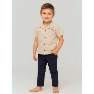 طقم ولادي بنطلون وقميص سادة لون بيج