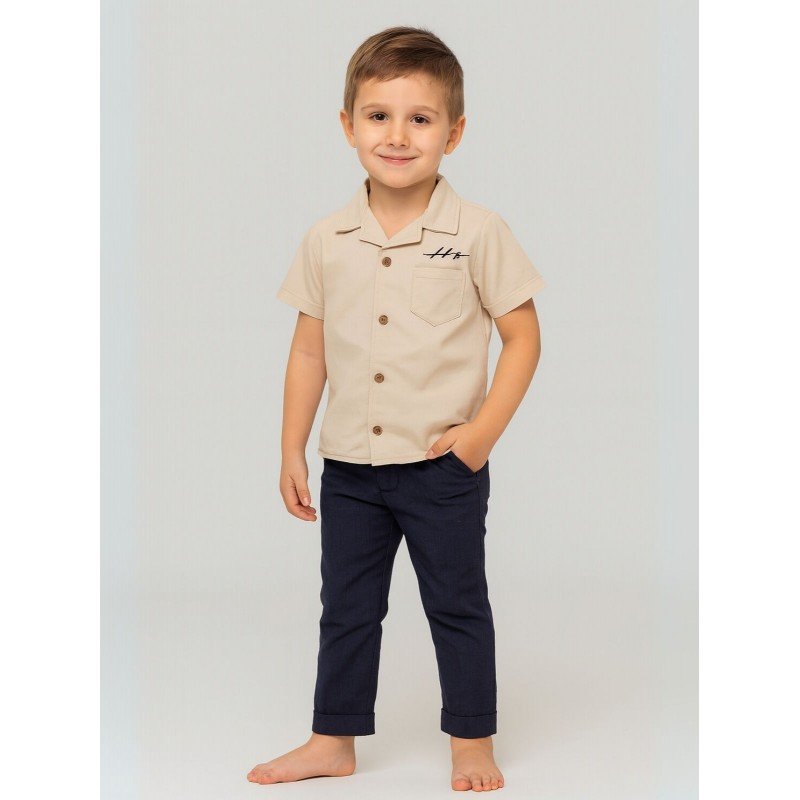 طقم ولادي بنطلون وقميص سادة لون بيج