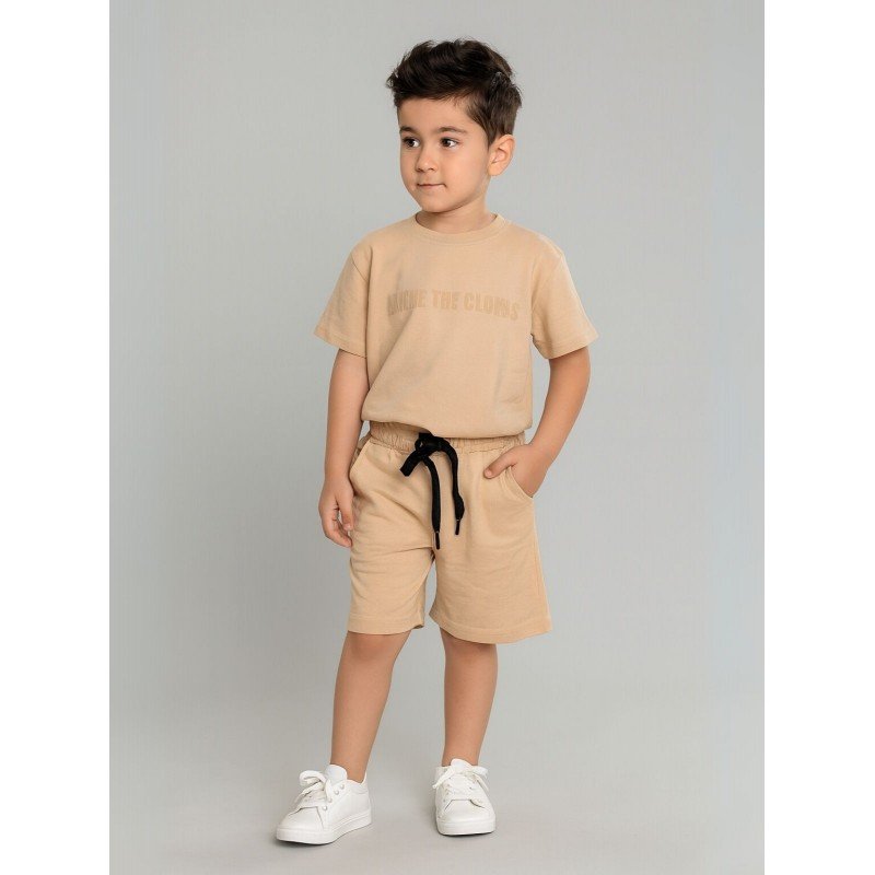طقم ولادي قطعتين شورت وتيشيرت لون بيج
