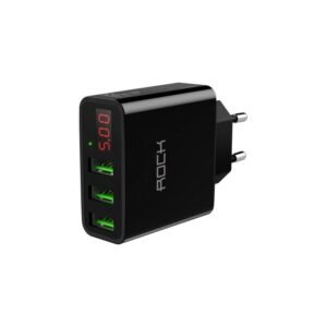 عظمة شحن Rock USB بثلاثة منافذ شحن سريع بقوة 30 وات مع شاشة LED رقمية لهاتف iPhone وiPad وSamsung Galaxy وNexus وHTC وLG (أسود)