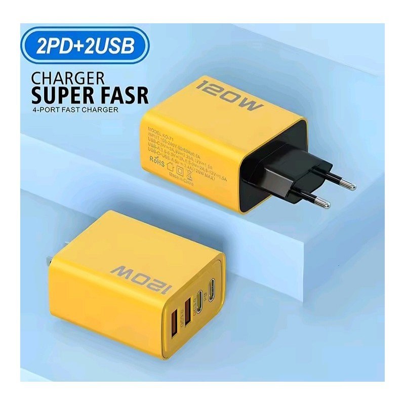 شاحن  او عظمة شحن 4 مداخل، 2 USB و2 Type C بقوة 120 واط، متوافق مع هواتف شاومي هواوي وأيفون 14 و15
