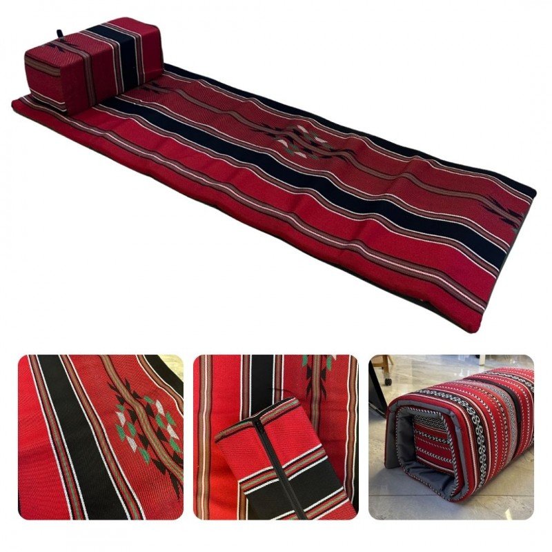 فرشات رحل مع مسند بتصميم فلسطيني تراثي لون أحمر