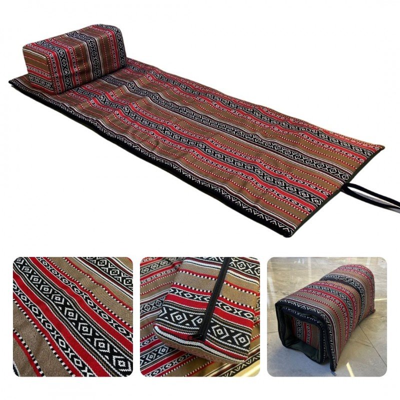 فرشات رحل مع مسند بتصميم فلسطيني تراثي لون بني وزيتي