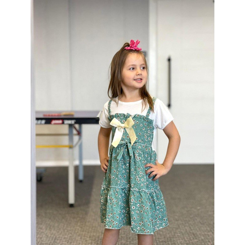فستان بناتي بتصميم عصري للأطفال لون أخضر وأبيض