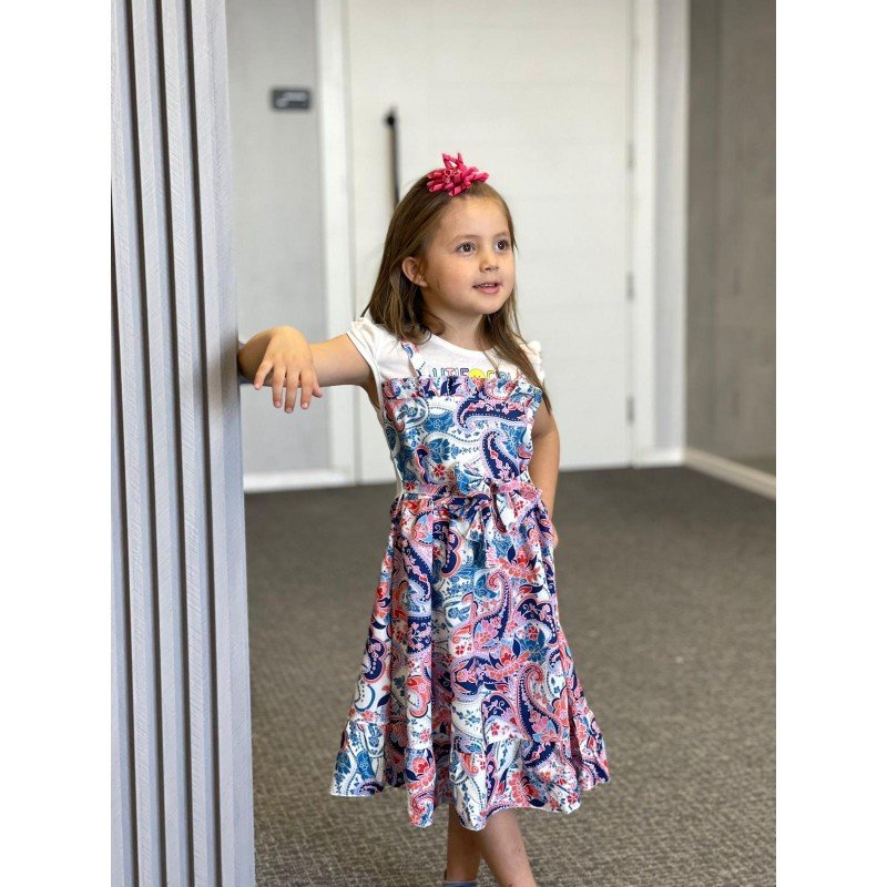 فستان بناتي بتصميم عصري للأطفال لون زهري وكحلي وأبيض