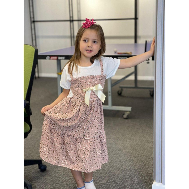 فستان بناتي قطعة واحدة بتصميم مورد للأطفال لون زهري بارد وأبيض
