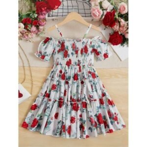 فستان بناتي لون ابيض مع ورد