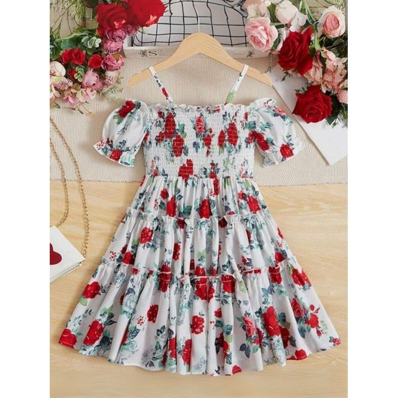 فستان بناتي لون ابيض مع ورد