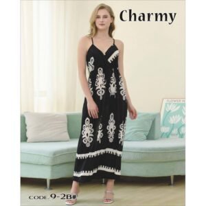 فستان بيتي طويل للنساء لون أسود وأبيض