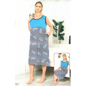 فستان بيتي للنساء حفر عريض لون أزرق وأبيض مخطط