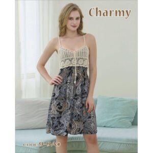 فستان بيتي للنساء قصير لون كحلي وبيج