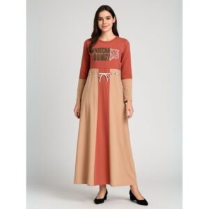 فستان قطني بيتي للنساء لون أحمر وبرتقالي