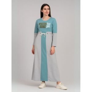 فستان قطني بيتي للنساء لون أخضر ورمادي