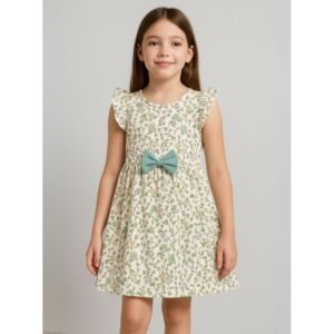 فستان نص كم بناتي لون أبيض برسومات أرنب