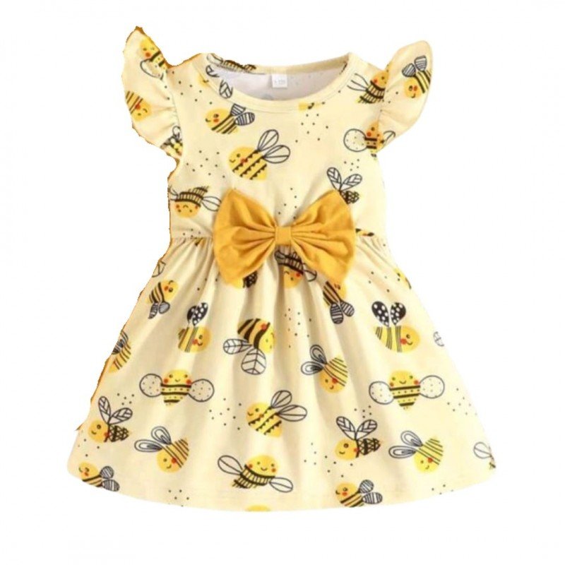 فستان نص كم بناتي لون أصفر برسومات نحلة
