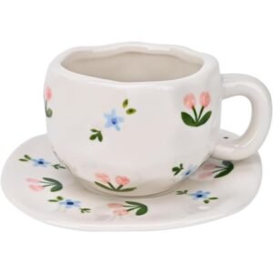 فنجان مع صحن لون أبيض مورد