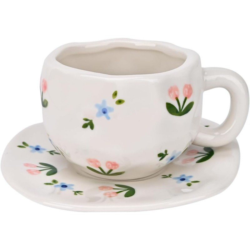 فنجان مع صحن لون أبيض مورد