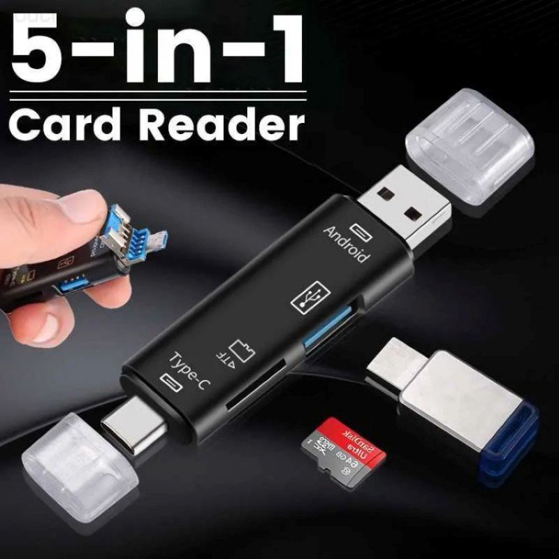 قارئ بطاقات 5 في 1 للجوال واللابتوب متعدد الوظائف USB 2.0 / Micro USB / Type-C OTG لبطاقات TF لسهولة وسرعة نقل البيانات.