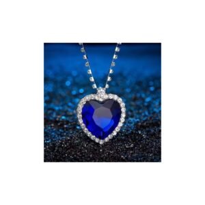 سلسال قلادة التيتانيك على شكل قلب مع سلسلة مرصّعة بالكريستال اللامع لون أزرق