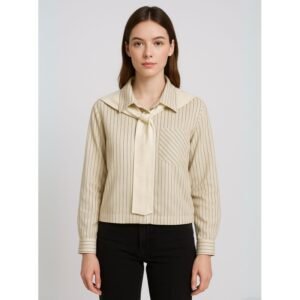 قميص بناتي مع لفحة لون بيج مخطط