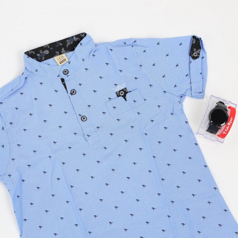 قميص نصف كم بدون قبه للأطفال لون ازرق - Image 3