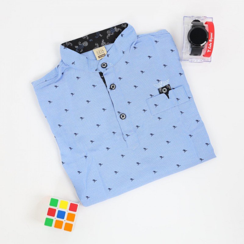 قميص نصف كم بدون قبه للأطفال لون ازرق - Image 4