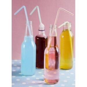 كاسة عصير  زجاجية شكل القنينة مع مصاصة وغطاء