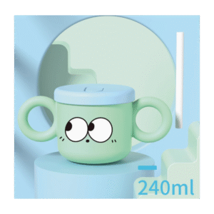 كأس بلاستيك بمصاصة مع غطاء سيلكون أزرق بمقابض لون أخضر سعة 240 مل