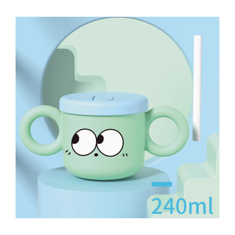 كأس بلاستيك بمصاصة مع غطاء سيلكون أزرق بمقابض لون أخضر سعة 240 مل