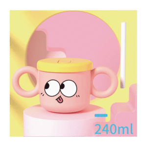 كأس بلاستيك بمصاصة مع غطاء سيلكون أصفر بمقابض لون زهري سعة 240 مل