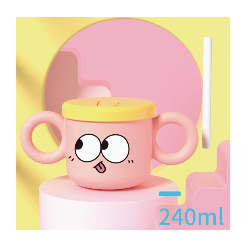 كأس بلاستيك بمصاصة مع غطاء سيلكون أصفر بمقابض لون زهري سعة 240 مل