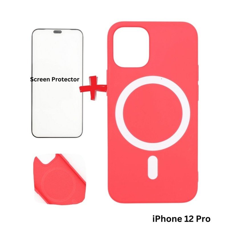 كفر ايفون 12 برو ماج سيف داعم للشحن اللاسلكي لون أحمر مع هدية لزقة حماية للشاشة