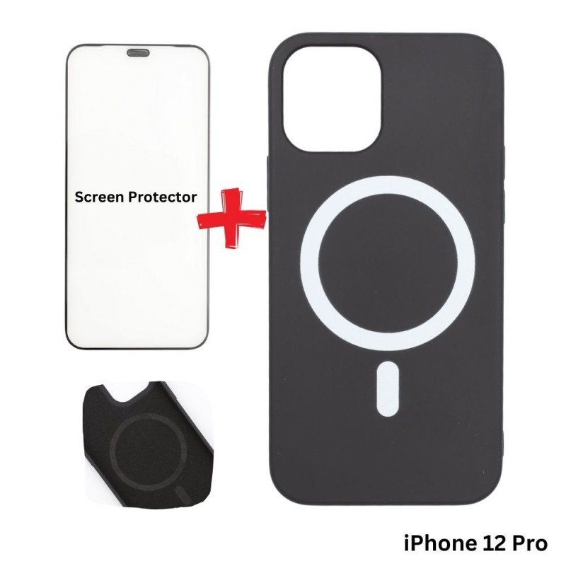 كفر ايفون 12 برو ماج سيف داعم للشحن اللاسلكي لون أسود مع هدية لزقة حماية للشاشة
