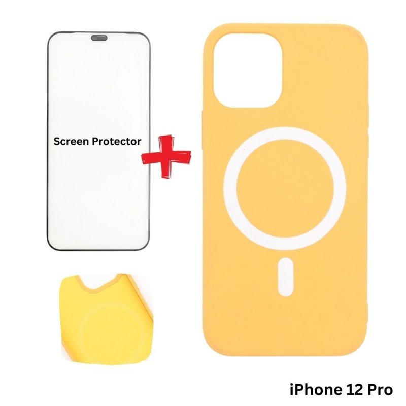 كفر ايفون 12 برو ماج سيف داعم للشحن اللاسلكي لون برتقالي مع هدية لزقة حماية للشاشة