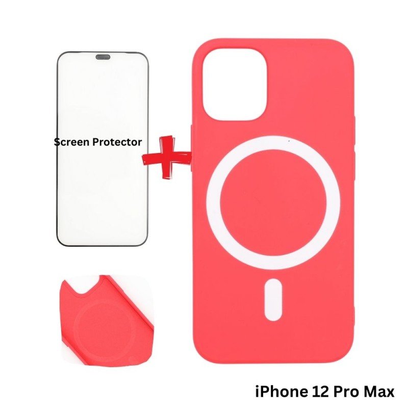 كفر ايفون 12 برو ماكس ماج سيف داعم للشحن اللاسلكي لون أحمر مع هدية لزقة حماية للشاشة