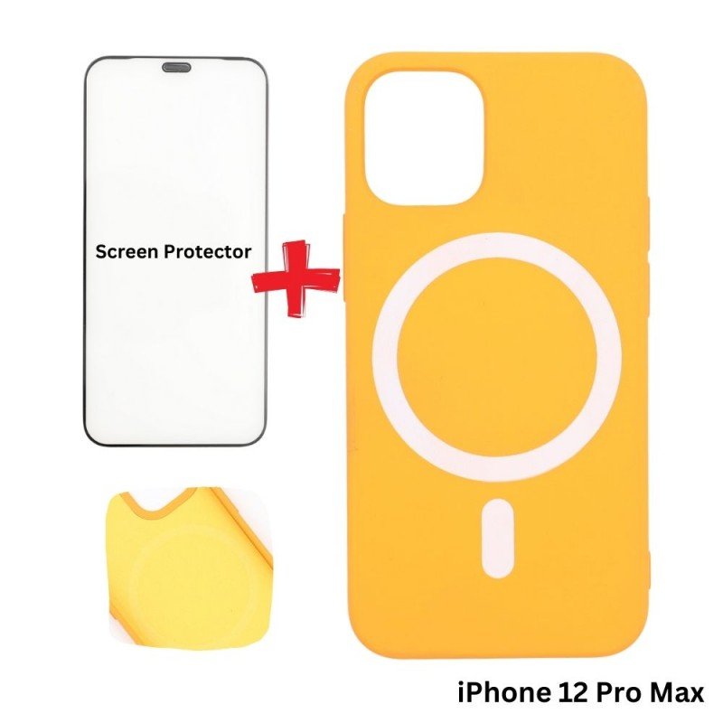 كفر ايفون 12 برو ماكس ماج سيف داعم للشحن اللاسلكي لون برتقالي مع هدية لزقة حماية للشاشة