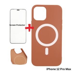 كفر ايفون 12 برو ماكس ماج سيف داعم للشحن اللاسلكي لون بني مع هدية لزقة حماية للشاشة