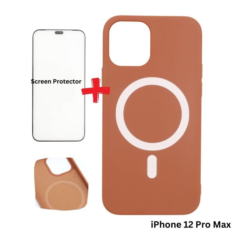 كفر ايفون 12 برو ماكس ماج سيف داعم للشحن اللاسلكي لون بني مع هدية لزقة حماية للشاشة