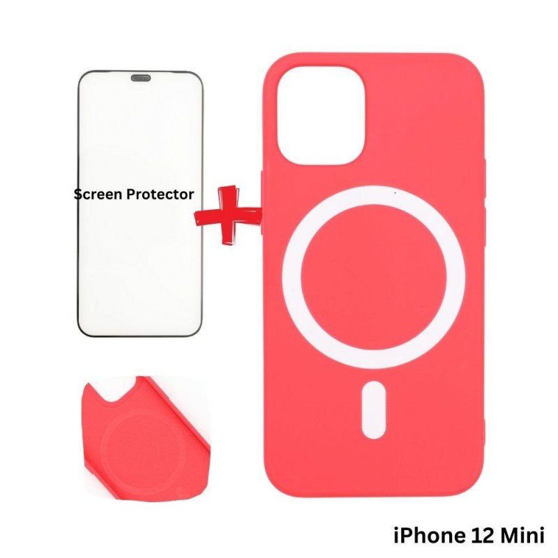 كفر ايفون 12 مني ماج سيف داعم للشحن اللاسلكي لون أحمر مع هدية لزقة حماية للشاشة