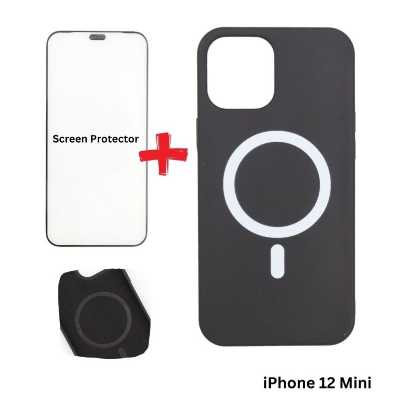 كفر ايفون 12 مني ماج سيف داعم للشحن اللاسلكي لون أسود مع هدية لزقة حماية للشاشة