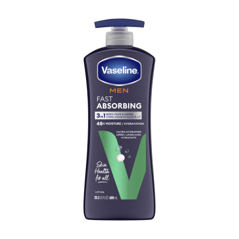 لوشن للرجال سريع الامتصاص من فازلين حجم 600 مل -Fast Absorbing Moisture 3-in-1 Body, Face & Hands Pump Lotion By Vaseline 600 ML