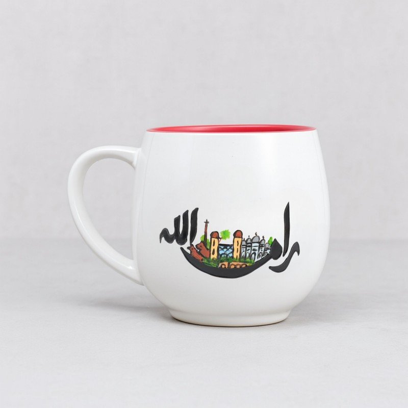مج بتصميم تراثي رام الله حجم 250 مل لون أبيض ( رسم يدوي )