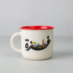 مج بتصميم تراثي غزة حجم 250 مل لون أبيض ( رسم يدوي )