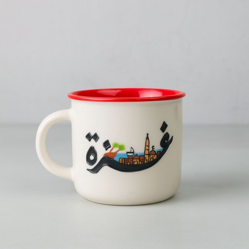 مج بتصميم تراثي غزة حجم 250 مل لون أبيض ( رسم يدوي )