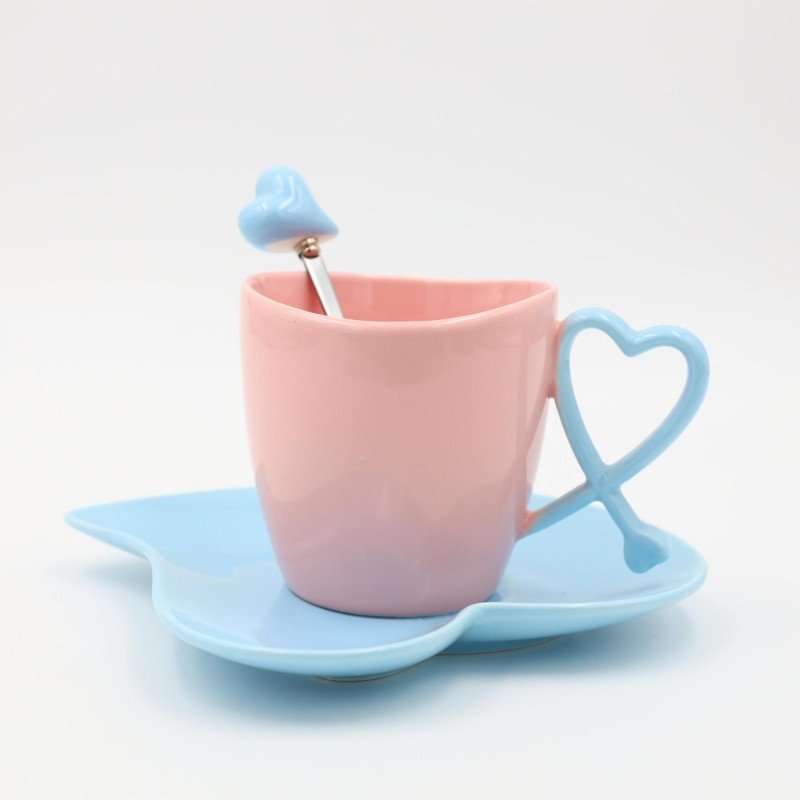 مج بورسلان لون زهري وأزرق مع صحن وملعقة