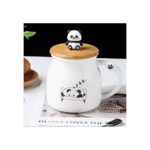 مج بورسلان مع غطاء خشب بامبو وملعقة بتصميم دب الباندا النائم لون أبيض