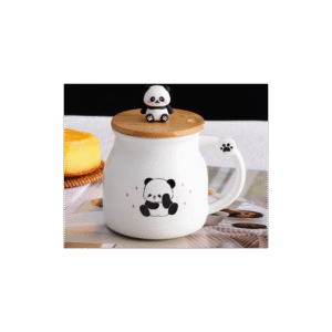 مج بورسلان مع غطاء خشب بامبو وملعقة بتصميم دب الباندا لون أبيض