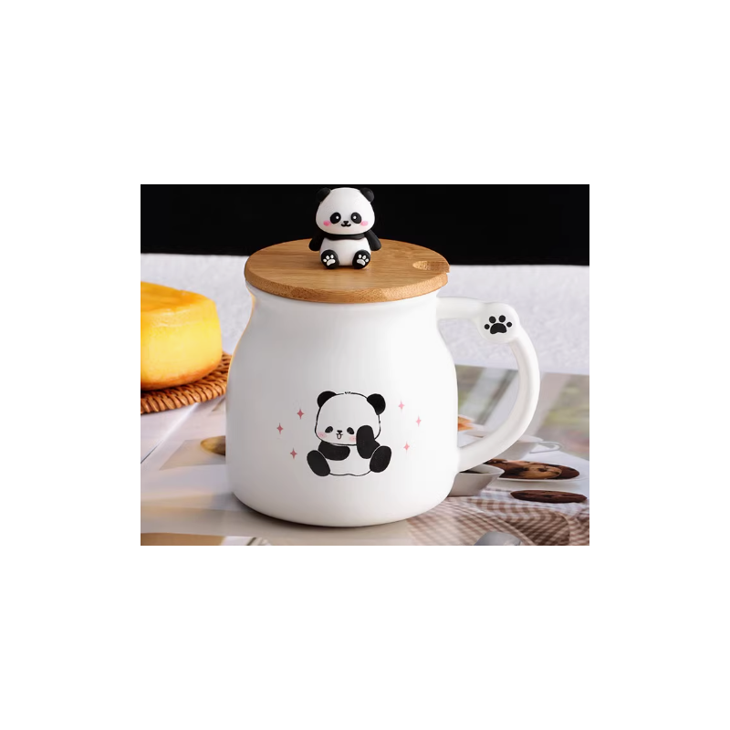 مج بورسلان مع غطاء خشب بامبو وملعقة بتصميم دب الباندا لون أبيض