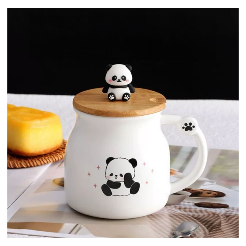 مج بورسلان مع غطاء خشب بامبو وملعقة بتصميم دب الباندا وابنه لون أبيض