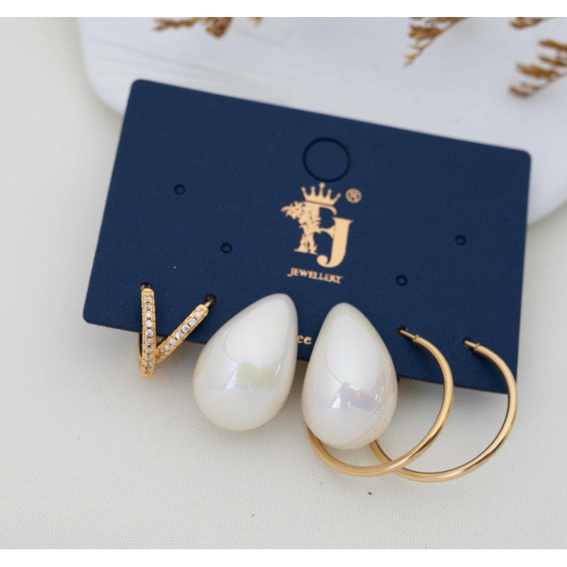 مجموعة أقراط حلقات دائرية وحلق لولو حجم وسط لون ذهبي